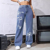 Pantalon droit ample taille haute en jean élégant imprimé